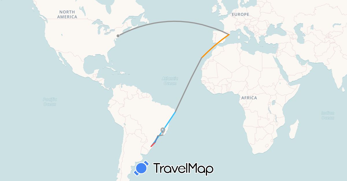 TravelMap itinerary: driving, plane, cycling, hiking, boat, hitchhiking in Brazil, Spain, United States (Europe, North America, South America)